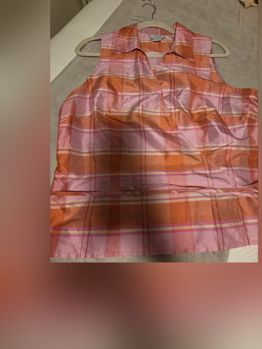 LOFT Pink and Orange Plaid Silk Wrap Top